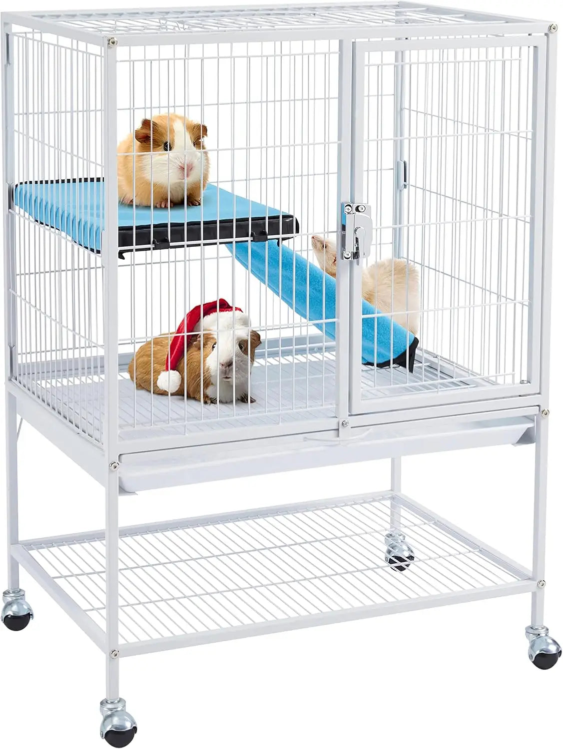 White Metal Small Animal Cage - Removable Tray, Ladder and Wheels