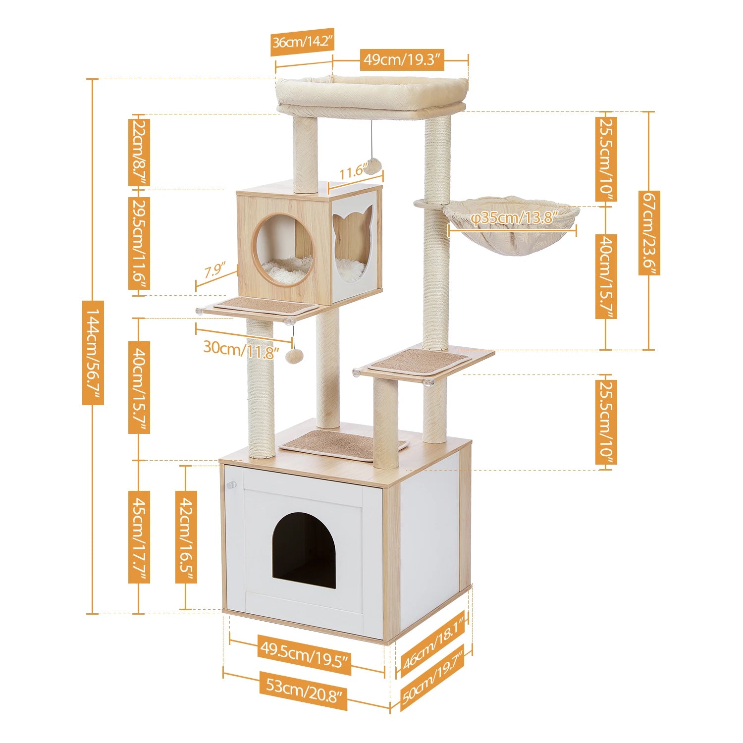 Cat Tree with Litter Box Enclosure Large Wood Tower with Storage Cabinet and Cozy Cat Condo Sisal Covered Scratching Post