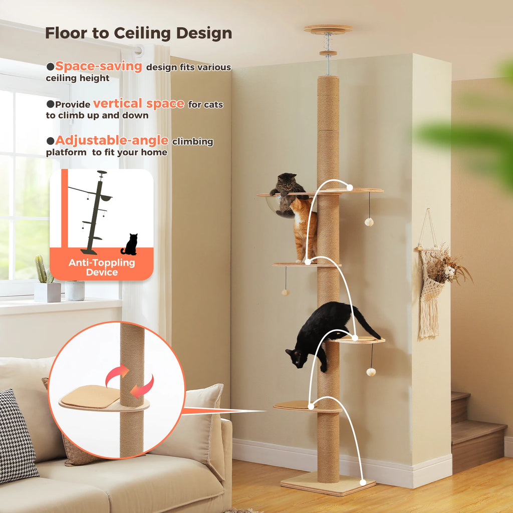 Floor to Ceiling Cat Tree for Indoor Cats Adjustable Height Wooden with Thick Scratching Posts Acrylic Cave