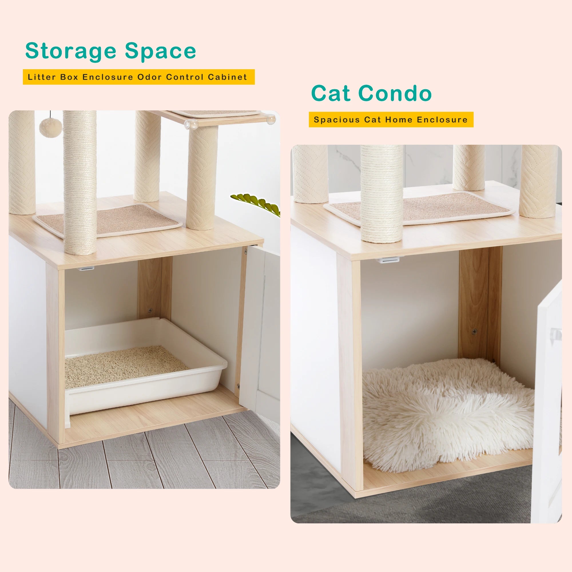 Cat Tree with Litter Box Enclosure Large Wood Tower with Storage Cabinet and Cozy Cat Condo Sisal Covered Scratching Post