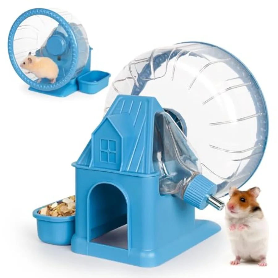 4 in 1 Quiet Hamster Exercise Wheel, Multi Functional Hamster House with Running Wheel, Water Bottle, Food Bowl and Hideout
