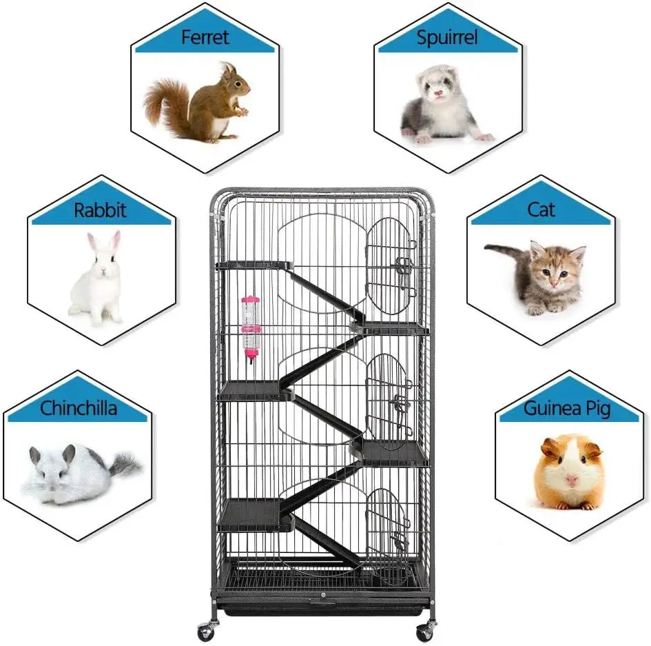 52" Black 6-Level Metal Small Animal Cage - 3 Front Doors, Feeder, Wheels