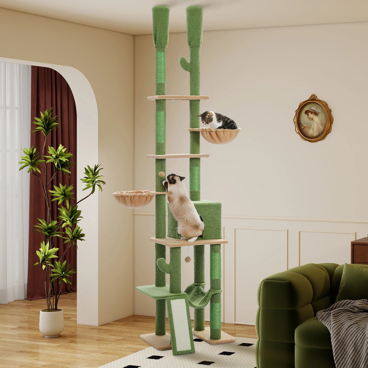 Cactus Cat Tree Floor to Ceiling Cat Tower with Sisal Scratching Post, Comfortable Hammock for Multi-Cat Homes