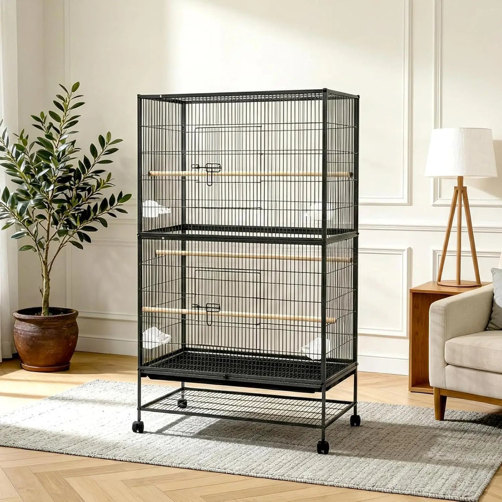61" H Large Bird Cage with Rolling Wheels Storage Stands, Feed Bowls, Wide Tall