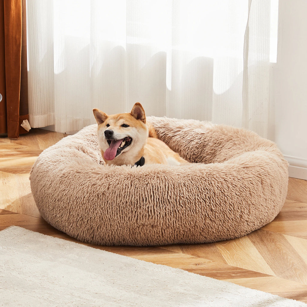 Calming Dog Bed for Medium to Large Dogs Washable Large Pet Bed Anti-Slip Round Fluffy Plush Faux Fur