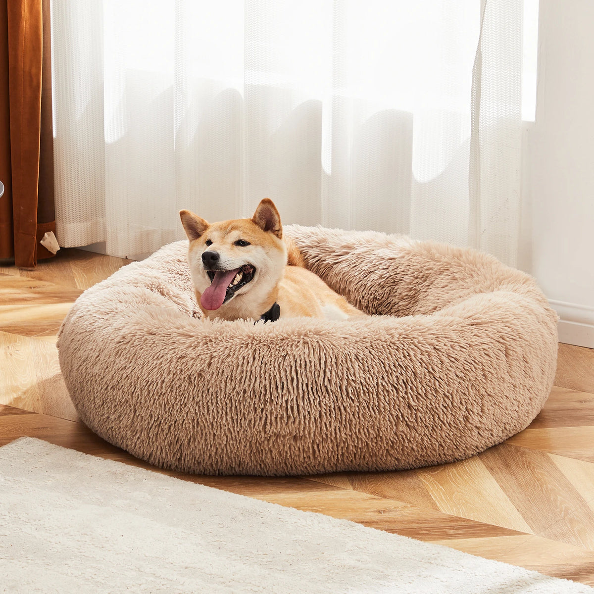 Calming Dog Bed for Medium to Large Dogs Washable Large Pet Bed Anti-Slip Round Fluffy Plush Faux Fur