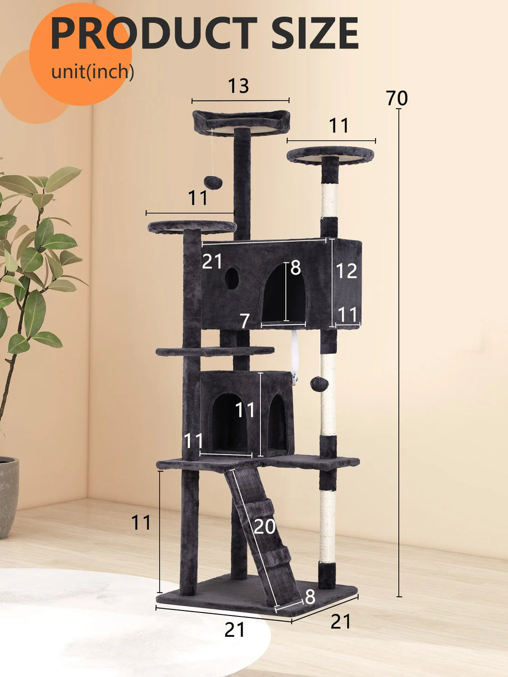 Cat Tree 54/70 Inch with Sisal-Covered Scratching Posts Dangling Ball for Cats to Play and Sleep