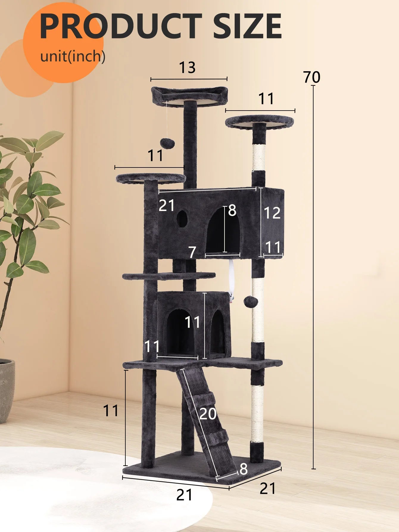 Cat Tree 54/70 Inch with Sisal-Covered Scratching Posts Dangling Ball for Cats to Play and Sleep