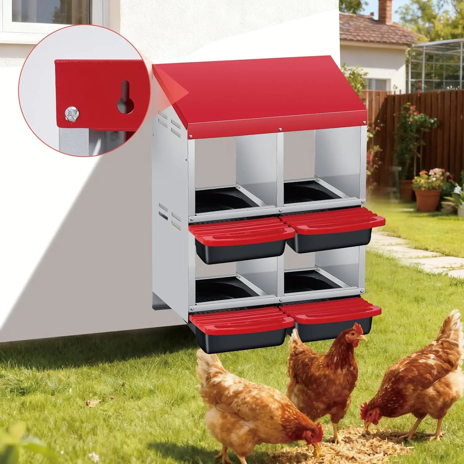 Chicken Nesting Box 4 Compartment Roll Away Design Automatic Roll-Out Egg Collection with Perch Wall Mount