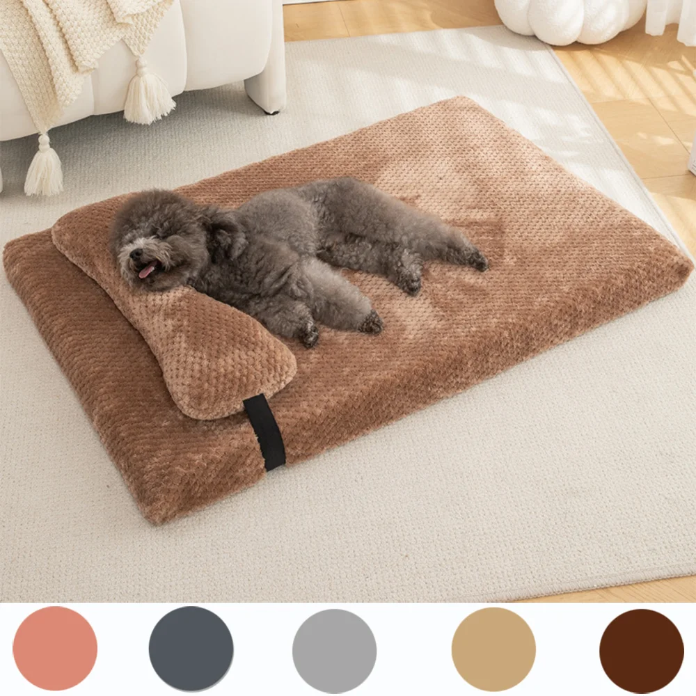 Warm Calming Dog Bed with Pillow Fluffy Plush Dog Mat for Dog with Removable Winter Cover for Large Medium Small Dogs