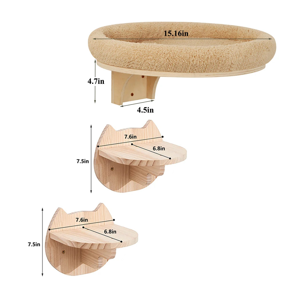 Indoor Cat Wall Mounted Solid Wooden Furniture Climbing Ladder Hammock with Scratching Post for Activity