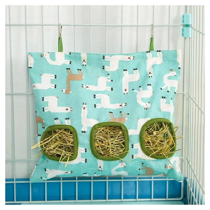 Hanging Feeding Bag Pet Hay Bag for Guinea Pigs Small Animal Feeder Rabbit 3 Holes Food Dispensers