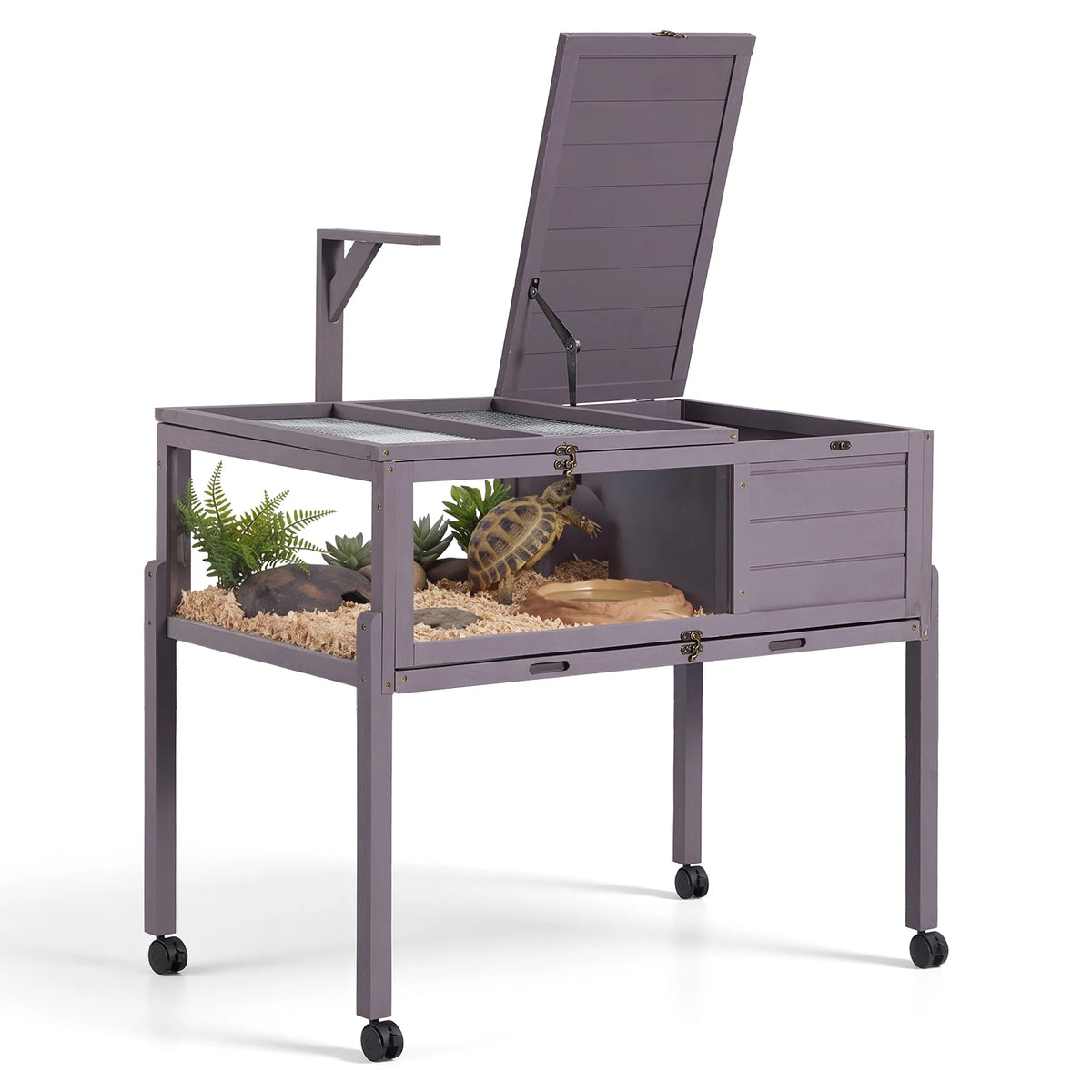 Tortoise Habitat 2-Room Wooden Tortoise House with Swivel Casters Turtle Enclosure Reptile Cage with Openable Roof