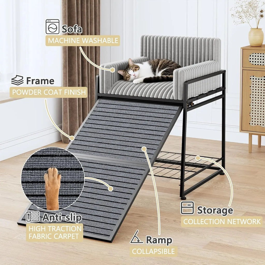 Pet Stairs Ramp with Seat, Dog Window Perch with Stairs, Ramp, Storage and Steps