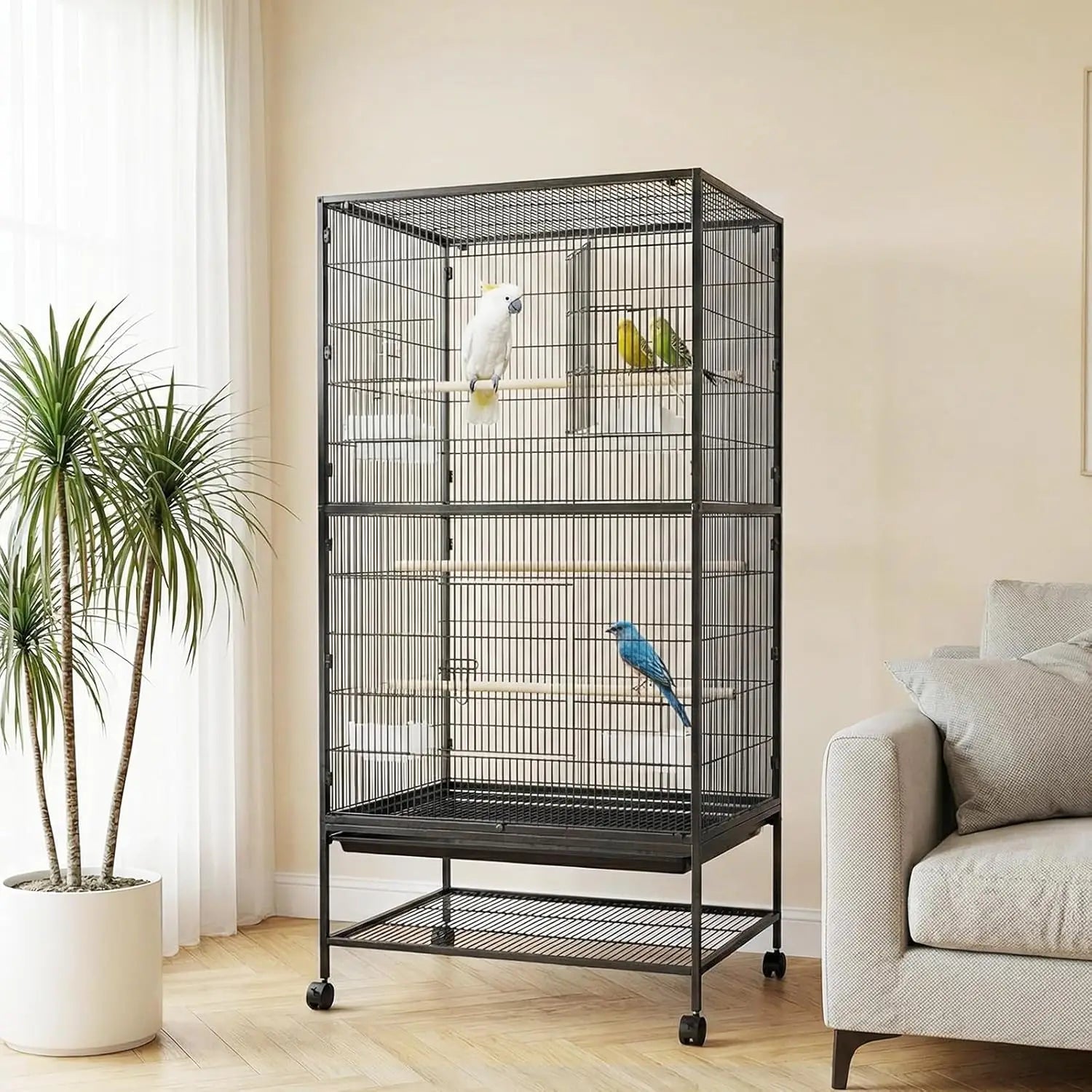 61" H Large Bird Cage with Rolling Wheels Storage Stands, Feed Bowls, Wide Tall