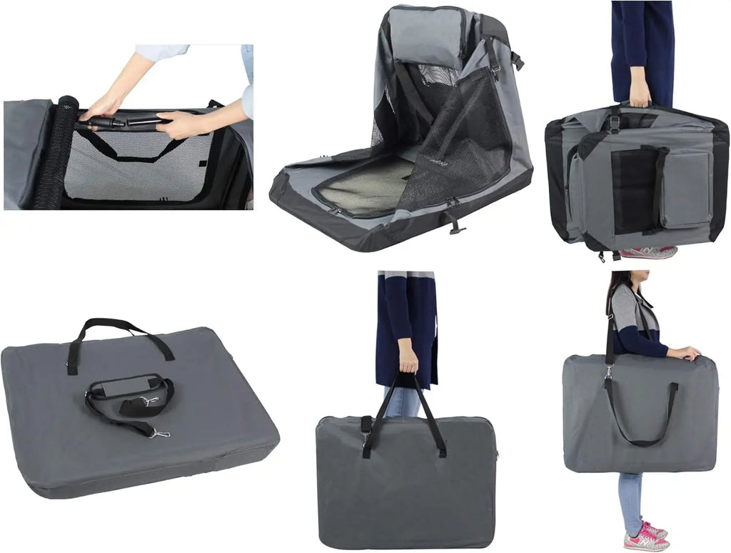 3-Door Folding Soft Dog Crate with Carrying Bag and Fleece Bed, Indoor & Outdoor (30" L x 21" W x 24" H, Gray)