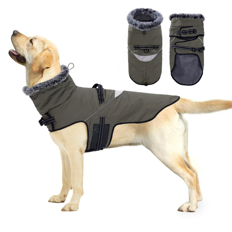Winter Dog Puppy Jacket Fur Collar Waterproof Warm Coat With Harness for Small Large Dogs