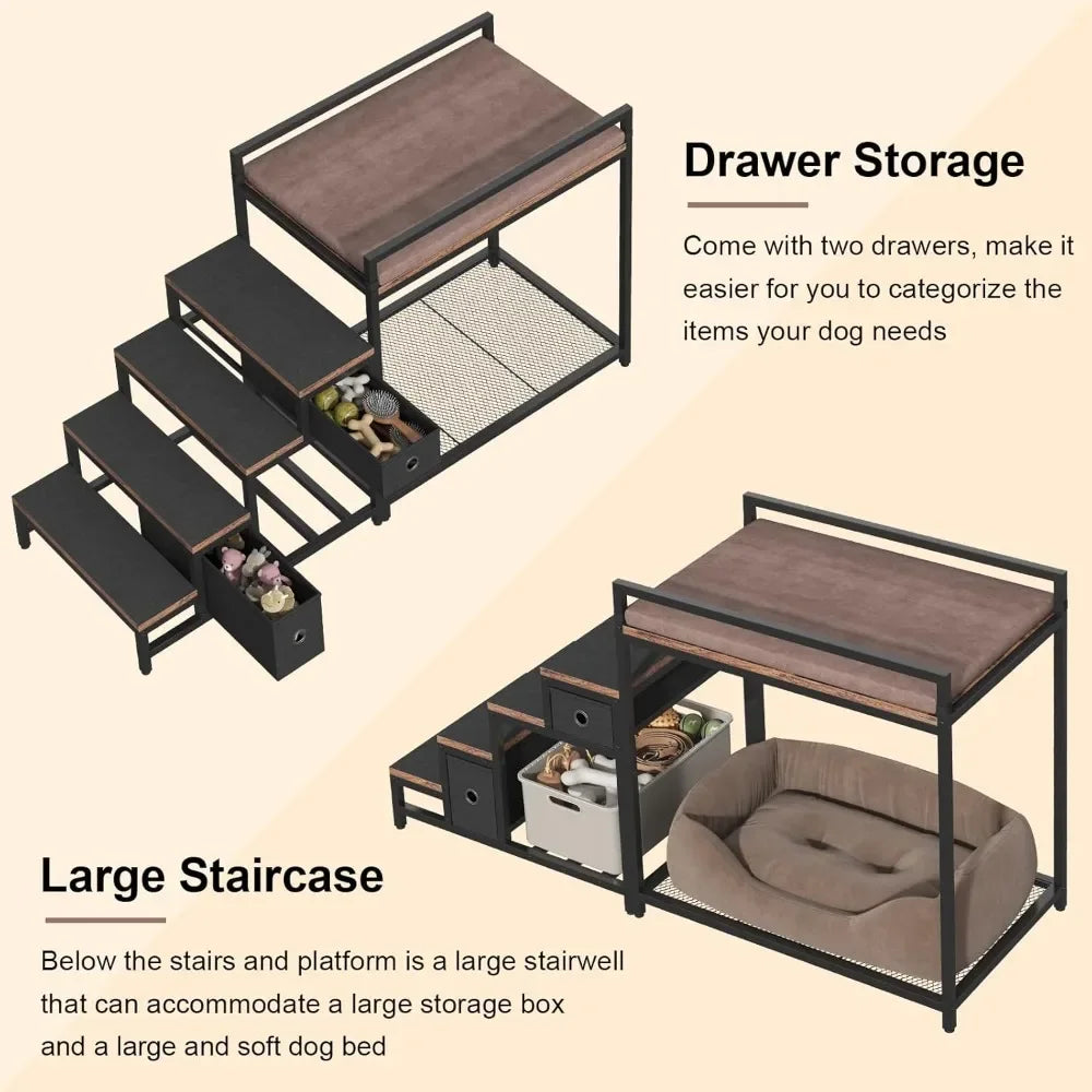 Pet Bunk Bed with Removable Stairs and 2 Drawers, Dogs/Cats Window Perch, Window Seat with Soft Cushion, Ultra-Shallow Steps