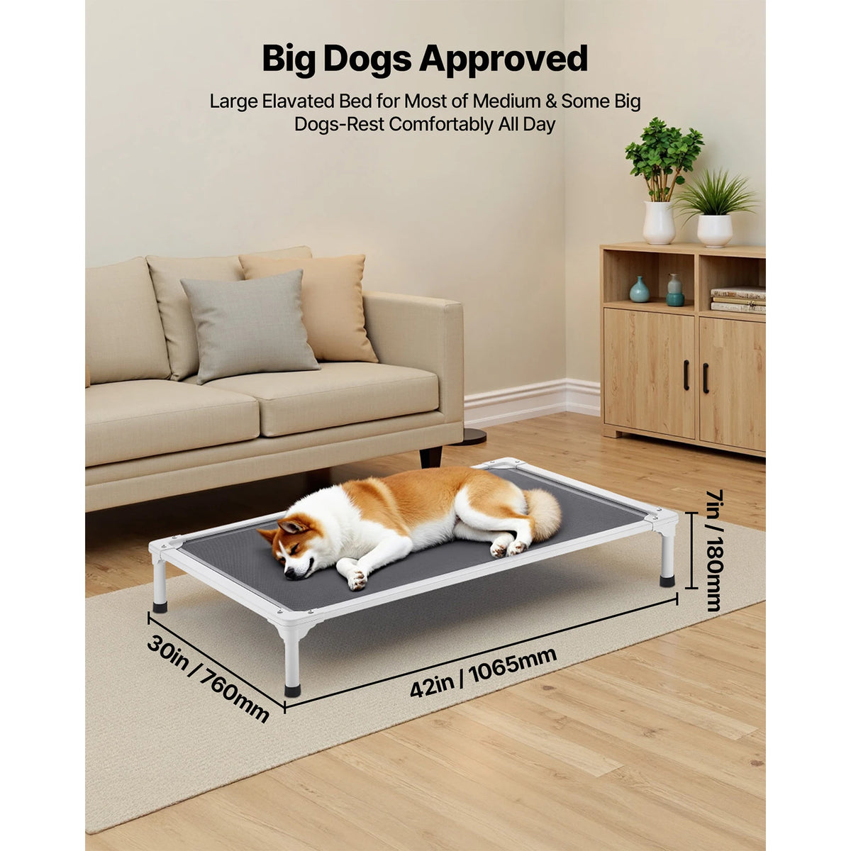 Elevated Dog Bed for Large Dogs Portable Raised Cot with Aluminum Tube Metal Frame and Breathable Textile Mesh