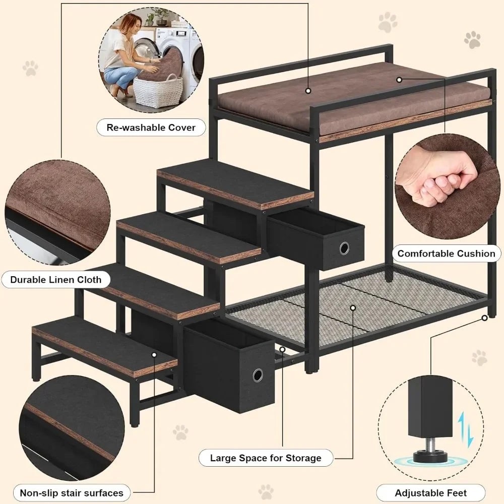 Pet Bunk Bed with Removable Stairs and 2 Drawers, Dogs/Cats Window Perch, Window Seat with Soft Cushion, Ultra-Shallow Steps