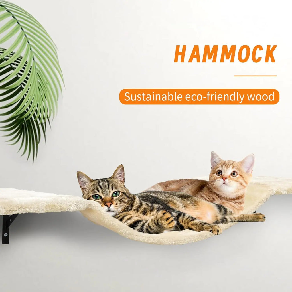 Wall-Mounted Cat Climber Set with Shelves, Perches, Bridge, Hammock & Scratching Board - 7 Pcs Wood Indoor Furniture