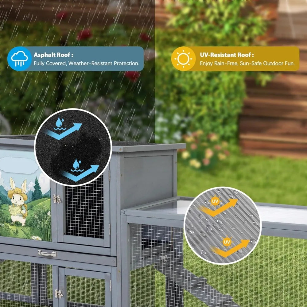 Rabbit Small Animals Hutch Outdoor Indoor, 94.5" Extra Large, 2-Story Wooden Cage with Pull-Out Tray