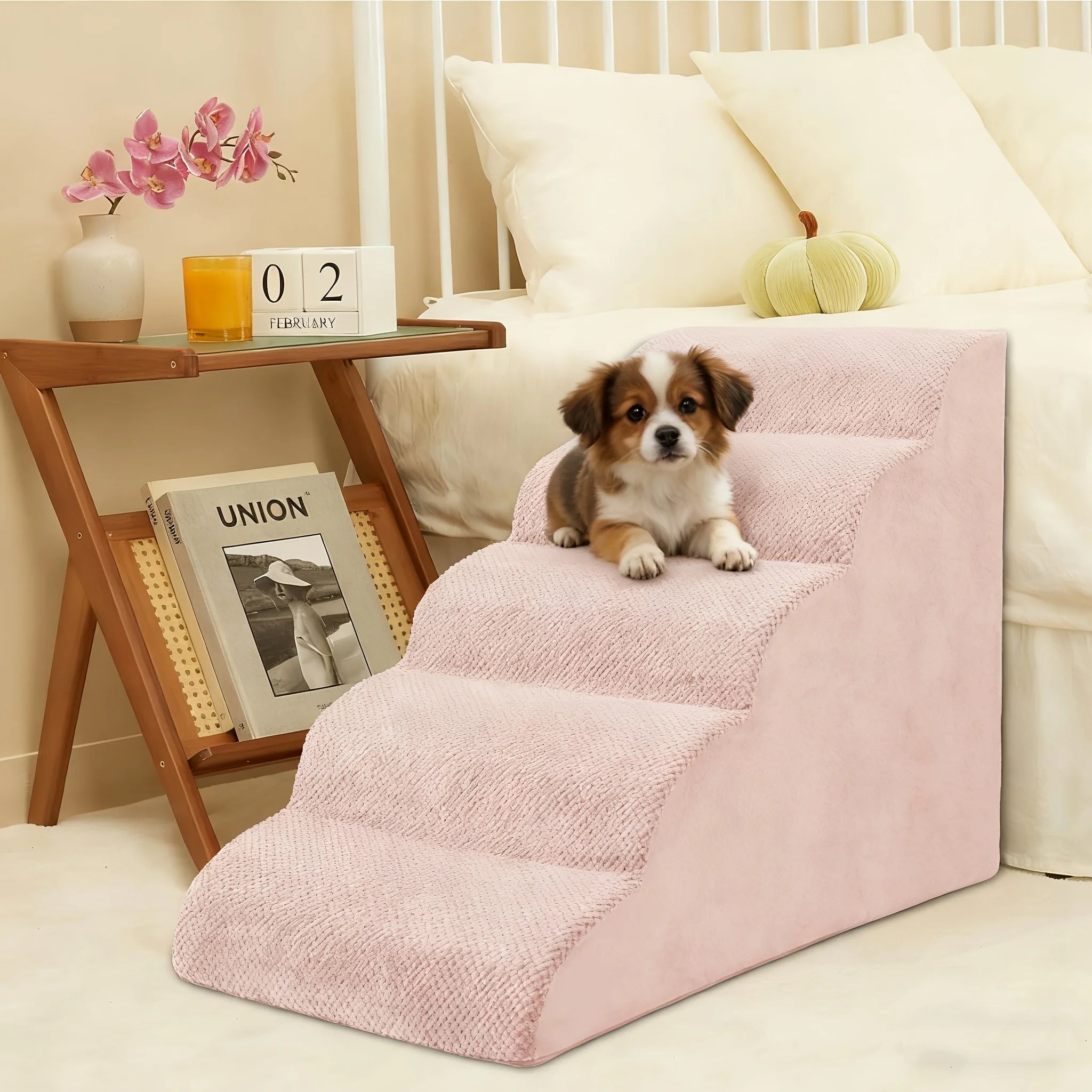5-Step Dog Stairs & Ramp Suitable for Small Dogs, High-Density Foam Pet Steps with Non-Slip Base, Wide Ramp for Beds/Couches