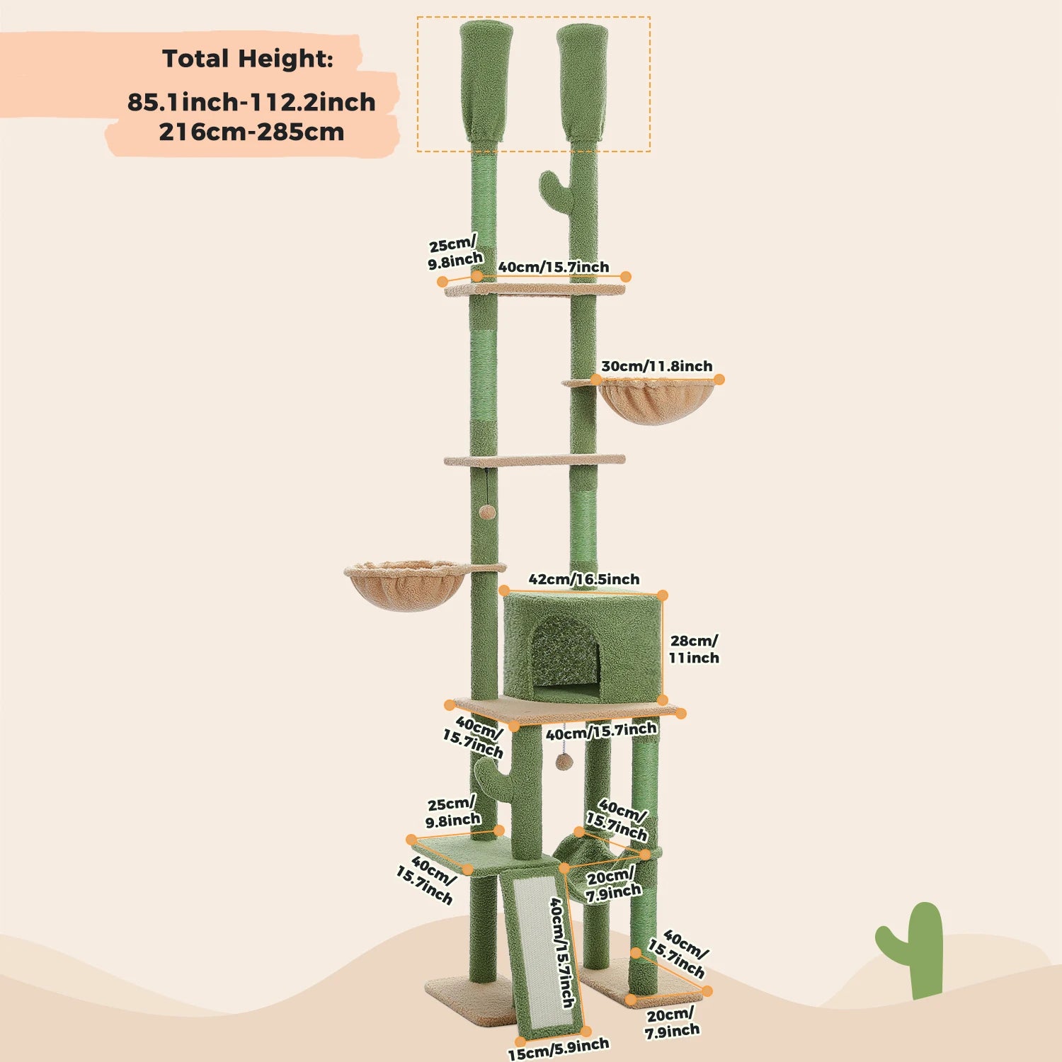 Cactus Cat Tree Floor to Ceiling Cat Tower with Sisal Scratching Post, Comfortable Hammock for Multi-Cat Homes