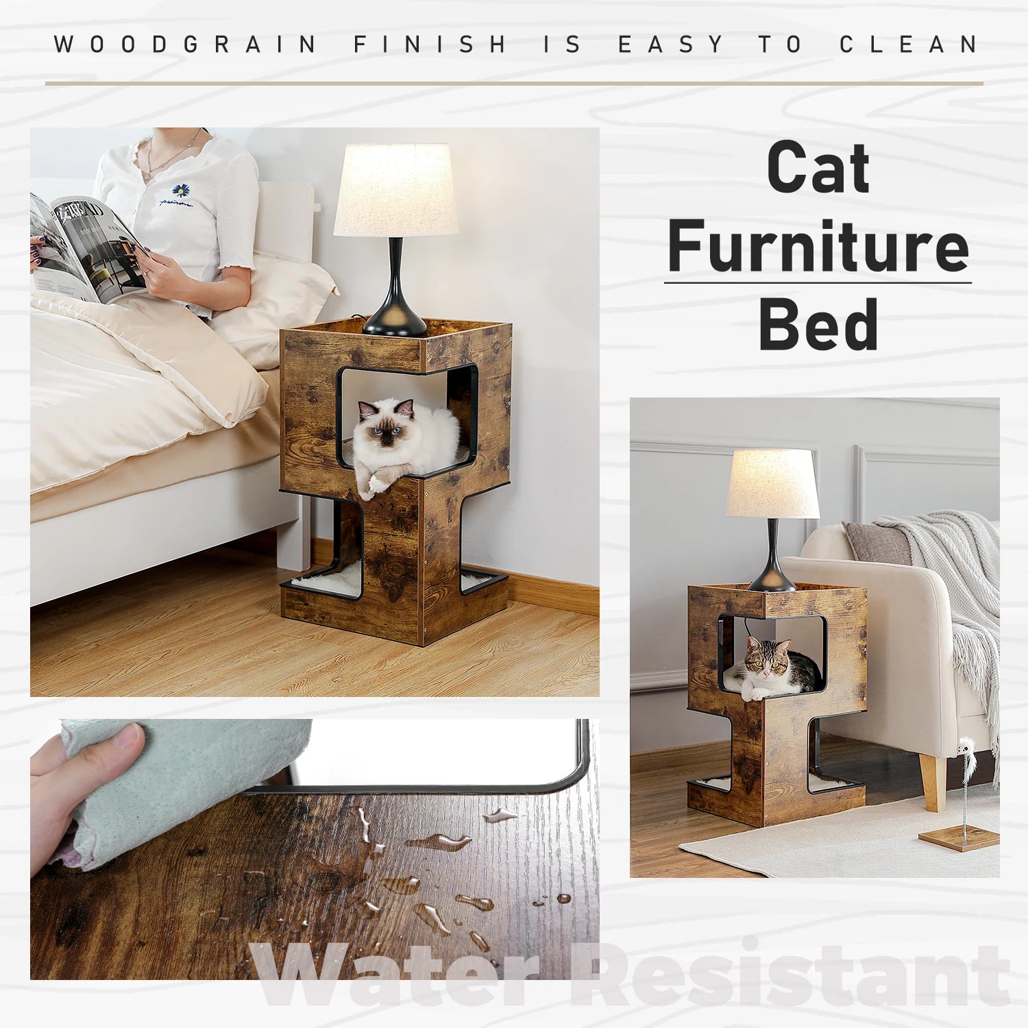Wood Cat Condo House Bed with Removable Soft Mats Modern Cat Tree Tower with Scratching Pad Cat Scratcher Furniture