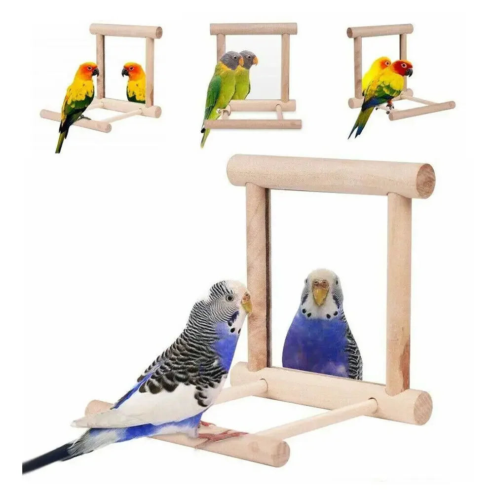 Bird Mirror Wooden Hanging Swing Interactive Play Toy