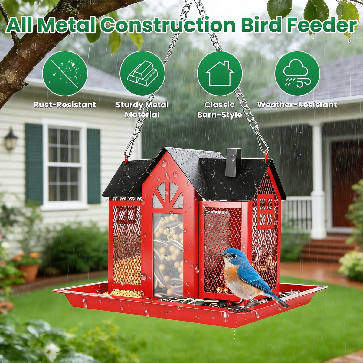 Metal Hanging Bird Feeder Classic Barn Bird Feeder House Iron Hanging Outdoor Feeder with Visible Window and Lift Top Lid