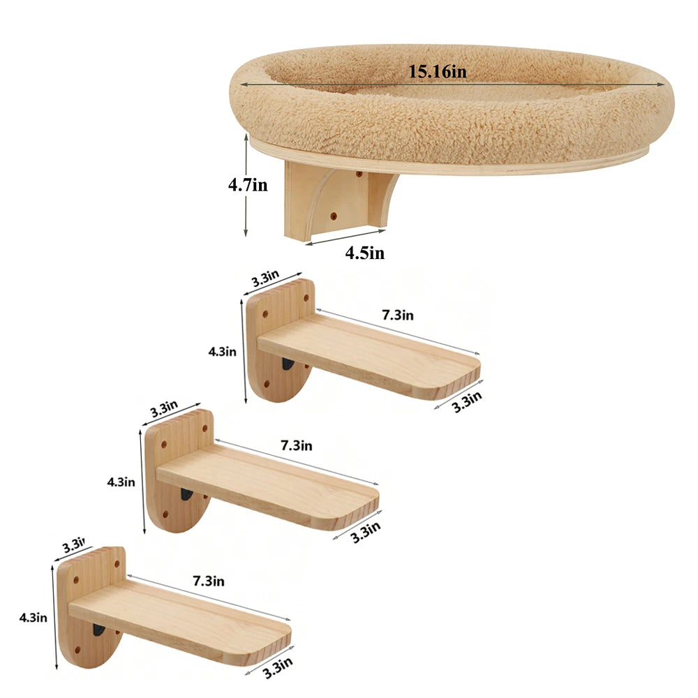Indoor Cat Wall Mounted Solid Wooden Furniture Climbing Ladder Hammock with Scratching Post for Activity