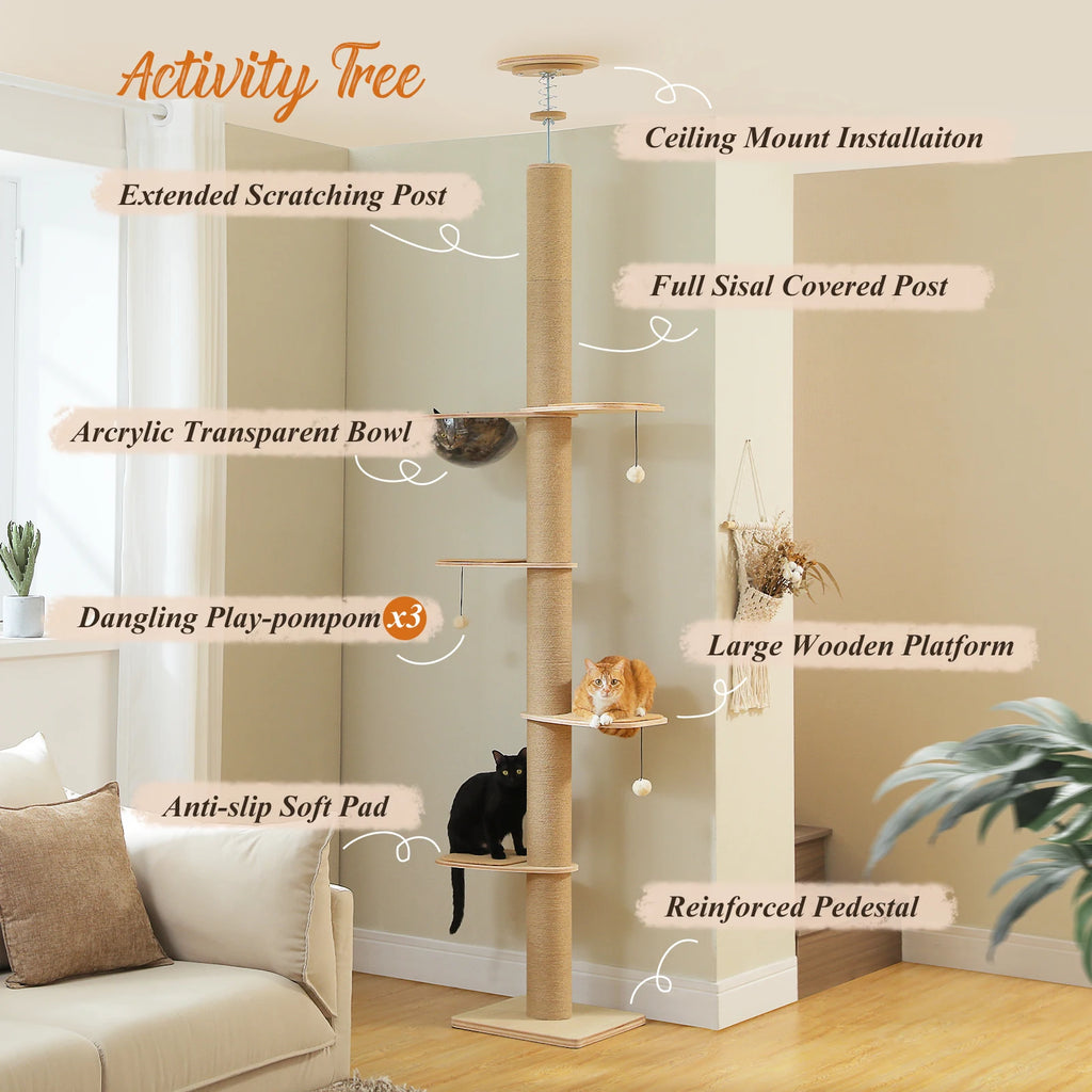 Floor to Ceiling Cat Tree for Indoor Cats Adjustable Height Wooden with Thick Scratching Posts Acrylic Cave