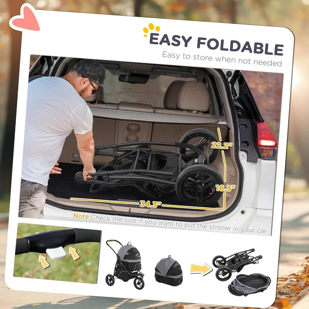 Dog Stroller for Small Dogs and Cats, 3 in 1 Folding Stroller Jogger with Detachable Carrier, Storage Basket