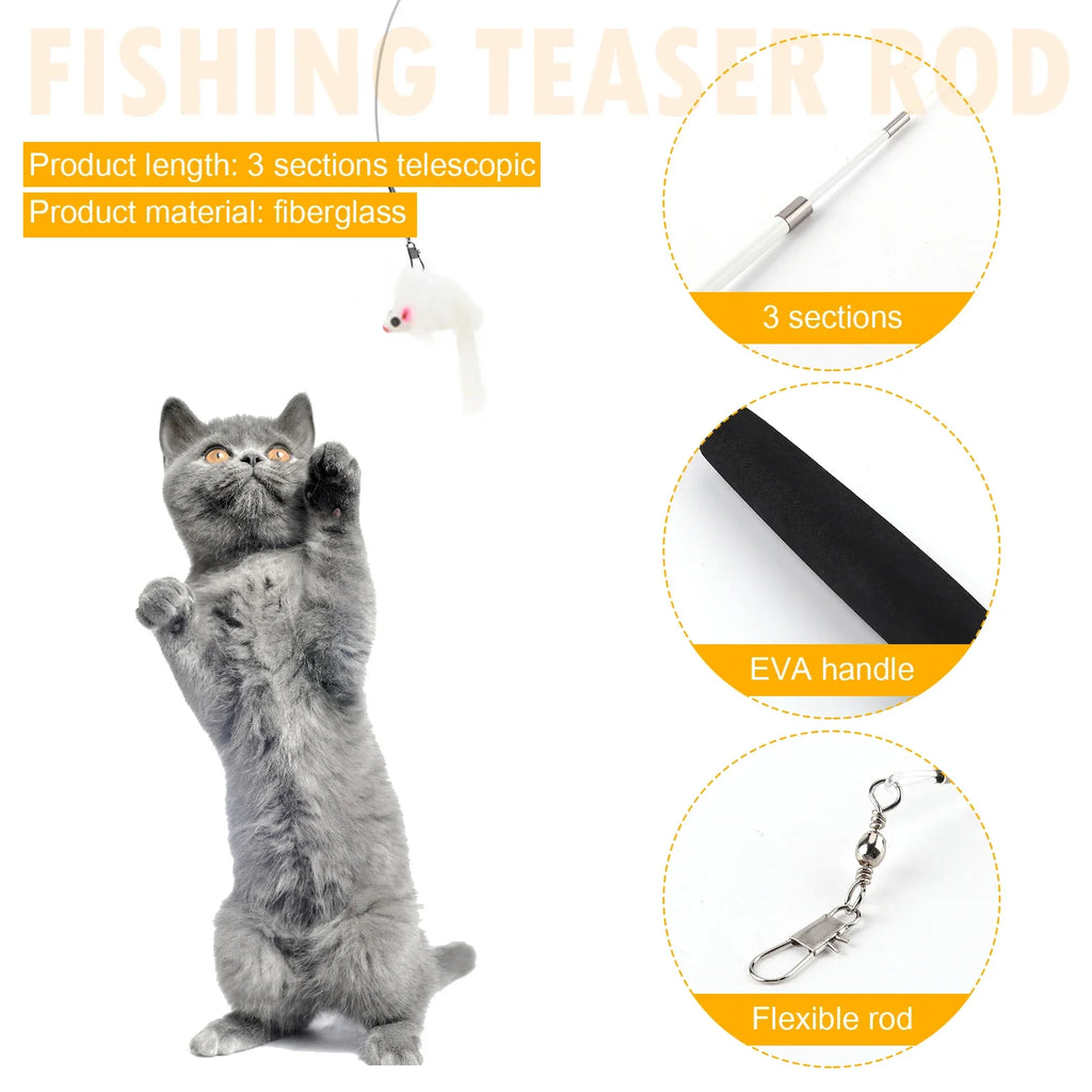 Cat Kitten Three-section Telescopic Fishing Pole Wand for Interactive Play Toys