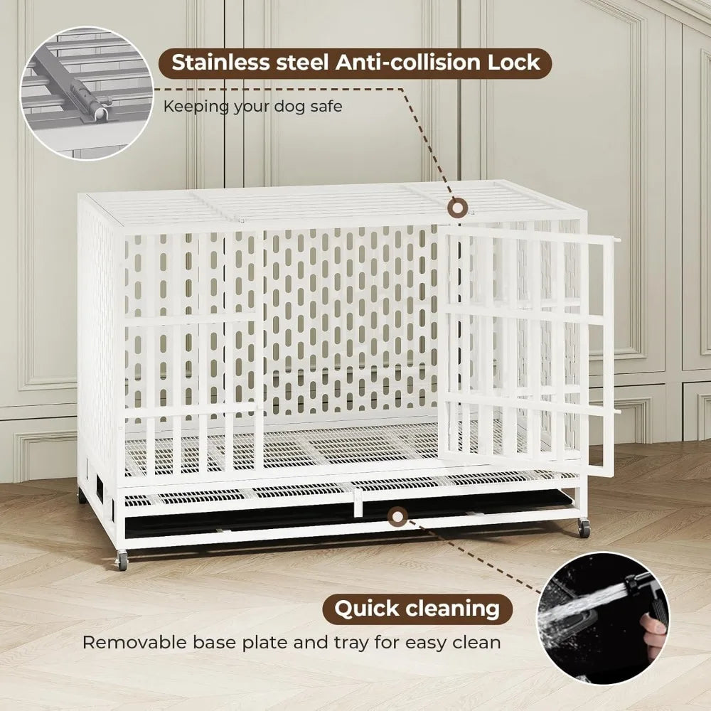 Rugged 48 Inch Steel Dog Crate for Indoor Use - Double Door, Wheeled, for High Anxiety Dogs