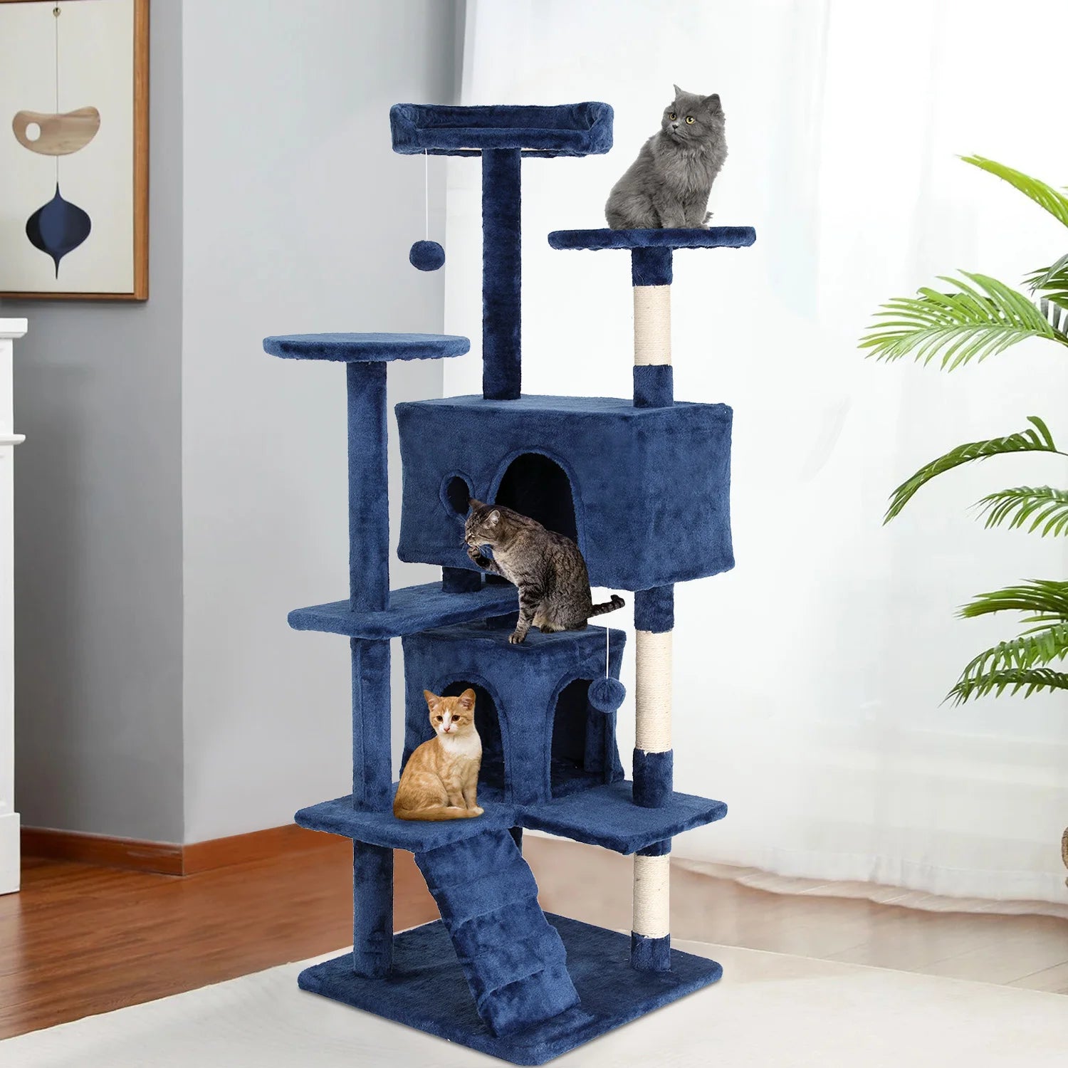 Cat Tree 54/70 Inch with Sisal-Covered Scratching Posts Dangling Ball for Cats to Play and Sleep