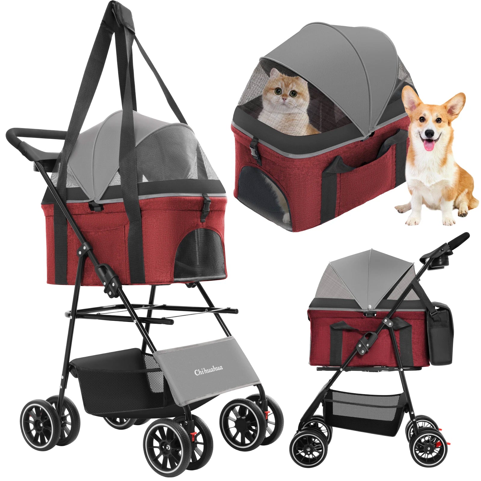 3 in 1 Pet Stroller For Small Dogs Cats Lightweight And Foldable Detachable Bag