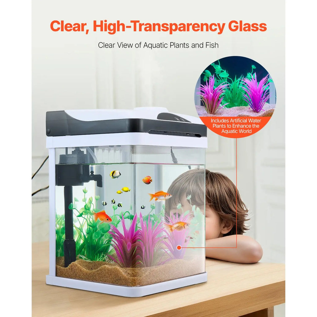 Fish Tank Aquarium, 2 Gallon LED Square Ultra-Clear Glass Tank Temperature Monitoring Adjustable 7 Color Lighting, Self Cleaning System Fishbowl for Freshwater & Saltwater Fish Home,Office