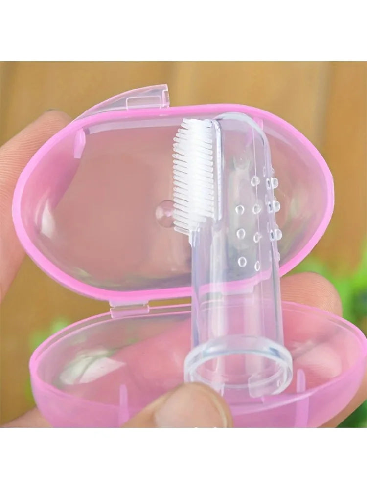 Pet Finger Toothbrush Set - Soft Silicone Tooth Brush for Cats & Dogs, Gentle Dental Care with Pink Storage Case, Easy Grip