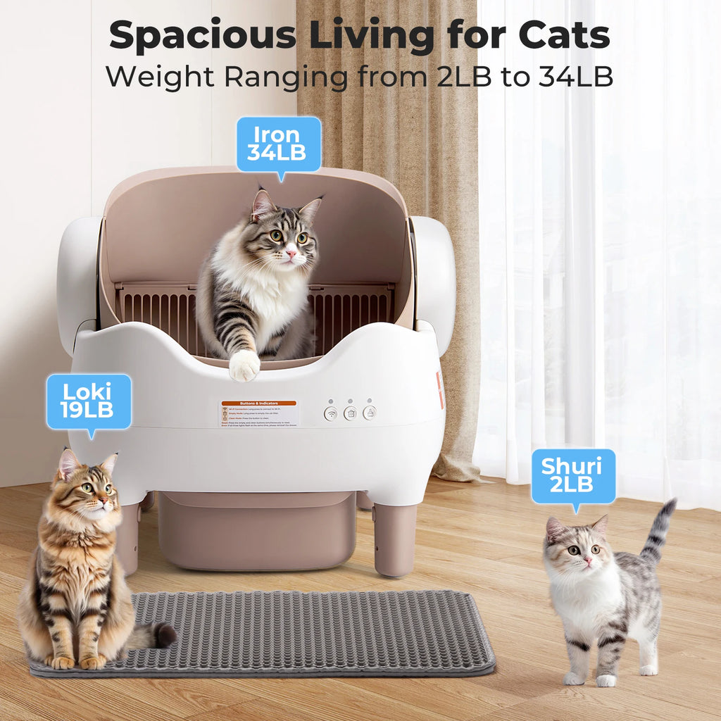 Self-Automatic Cleaning Litter Box, with APP Control, Odor-Free Large Waste Bin, Open-Top for Multi Cats
