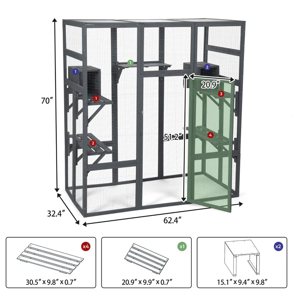 70'' Large Catio Outdoor/Indoor Cat Enclosure Cat House with 7 Platforms, 2 Resting Box