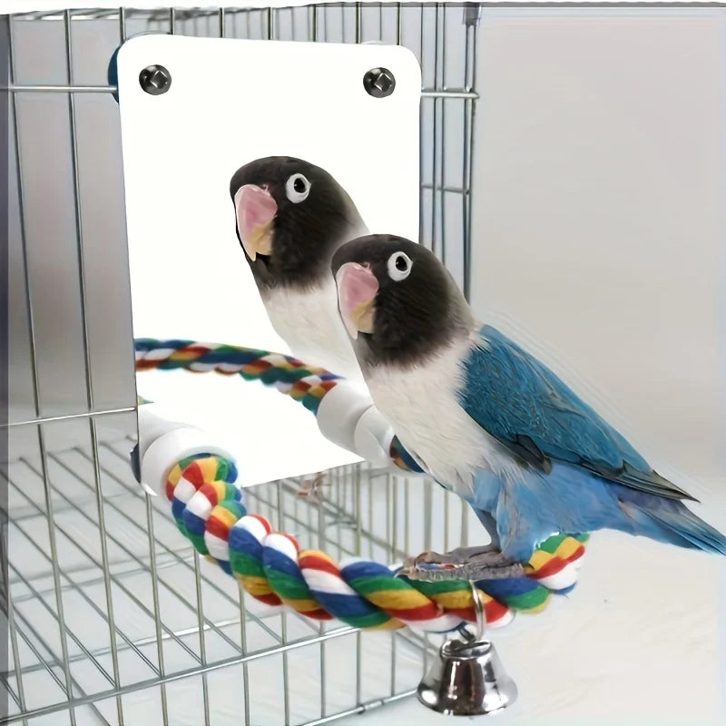 Interactive parrot mirror toy with chewable rope for cages