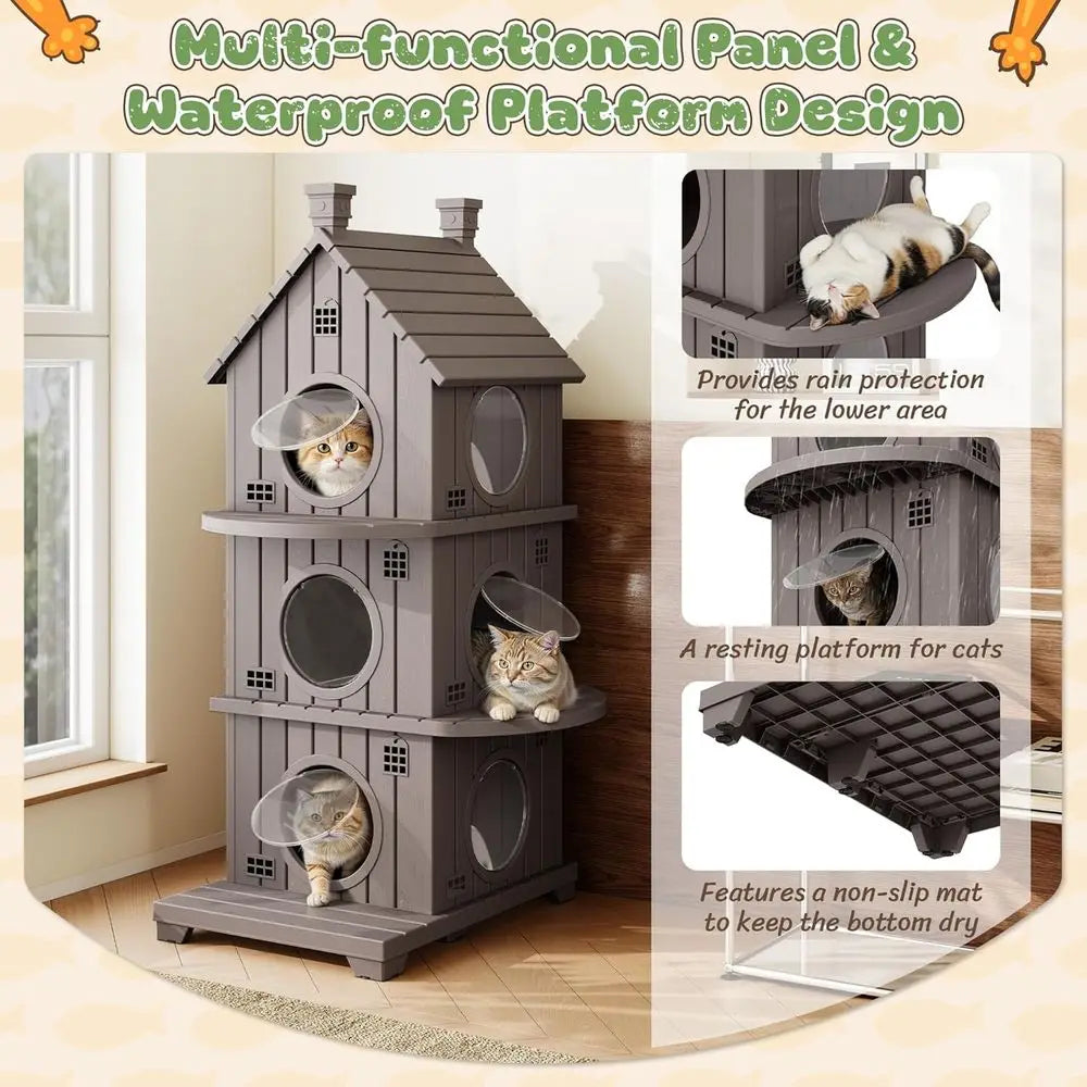 Outdoor Cat House Weatherproof, Durable Resin House Indoor Cats, Outdoor Cat Enclosure Shelter with Elevated Base