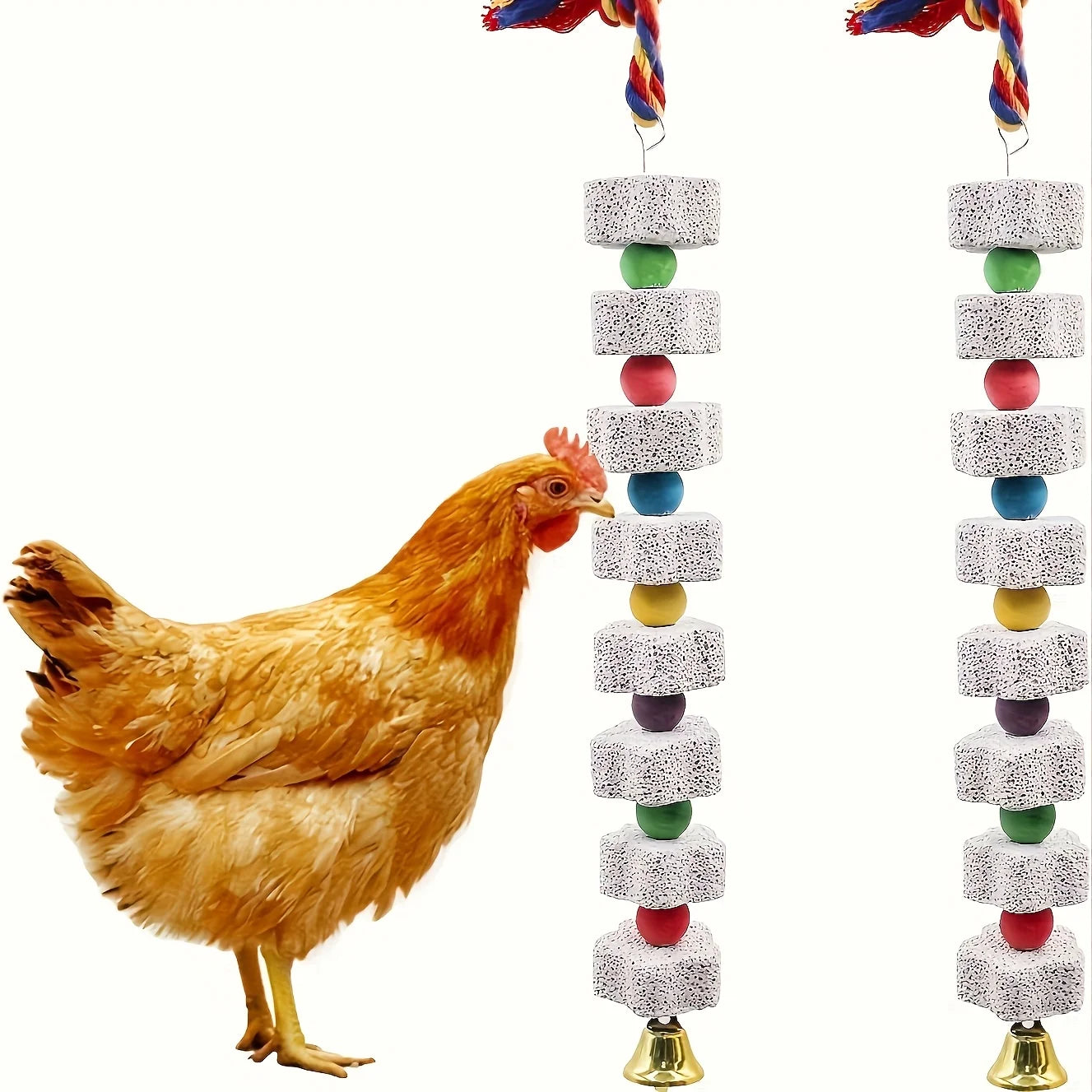 1PC Large Chicken Bite Toy with Colored Calcium Stones and Bells - Chewable Rope and Stone Grinder Toys for Chickens, Parrots
