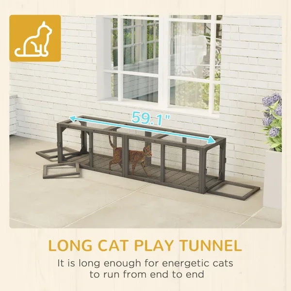 Cat Tunnel Outdoor Wooden Cat Tube with Combinable Design 8 Doors 98" Window Cage