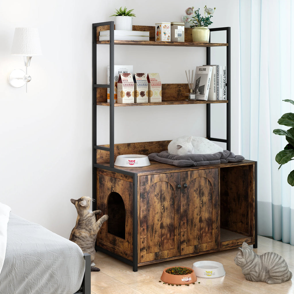 Wooden Hidden Cat Litter Box Enclosure Furniture with Shelves 2 Door Indoor with Scratch Pad