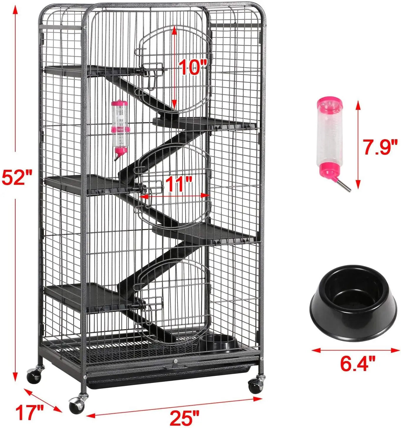 52" Black 6-Level Metal Small Animal Cage - 3 Front Doors, Feeder, Wheels