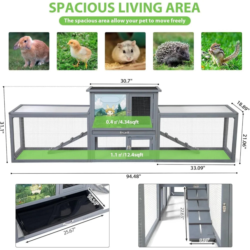 Rabbit Small Animals Hutch Outdoor Indoor, 94.5" Extra Large, 2-Story Wooden Cage with Pull-Out Tray