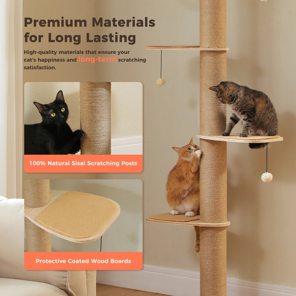 Floor to Ceiling Cat Tree for Indoor Cats Adjustable Height Wooden with Thick Scratching Posts Acrylic Cave